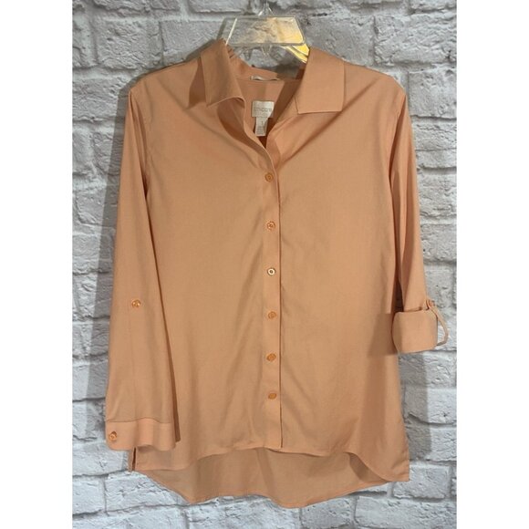 CHICOS 1 Medium Peach Button Up No Iron Tunic Top Shirt Roll Tab Sleeve Collared - Picture 1 of 6